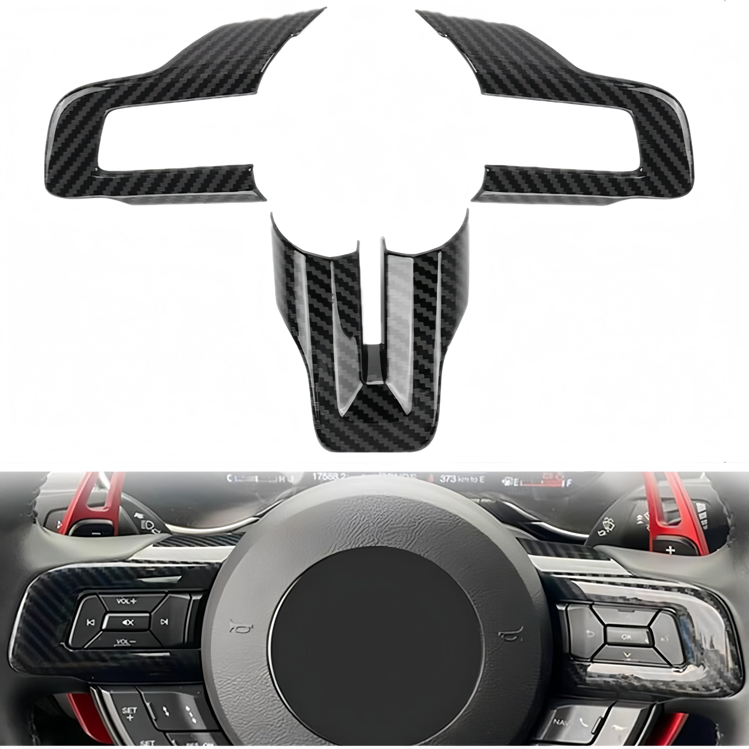 Carbon Fiber Pattern Steering Wheel Cover Trim For Ford Mustang 2015-2022 – 3 Piece Kit