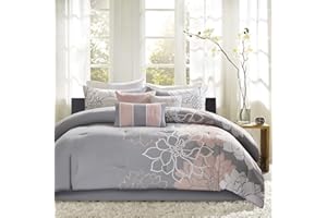 Madison Park Sateen Cotton Comforter Set, Breathable, Soft Cover, Modern Print, All Season Down Alternative Cozy Bedding with Matching Shams, Floral Taupe Grey/Peach, King 7 Piece
