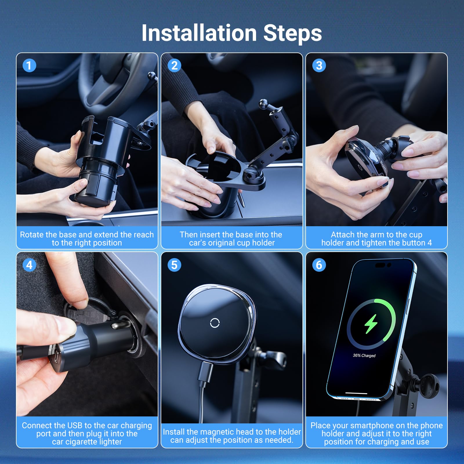 This Hill for Magnetic Cup Holder Charger, 360° Rotating Wireless Magnetic Car Charger, Fast Charging Phone Holder for iPhone 16 15 14 13 12 and Samsung Galaxy S20 Above Series [with QC 3.0 Adapter]