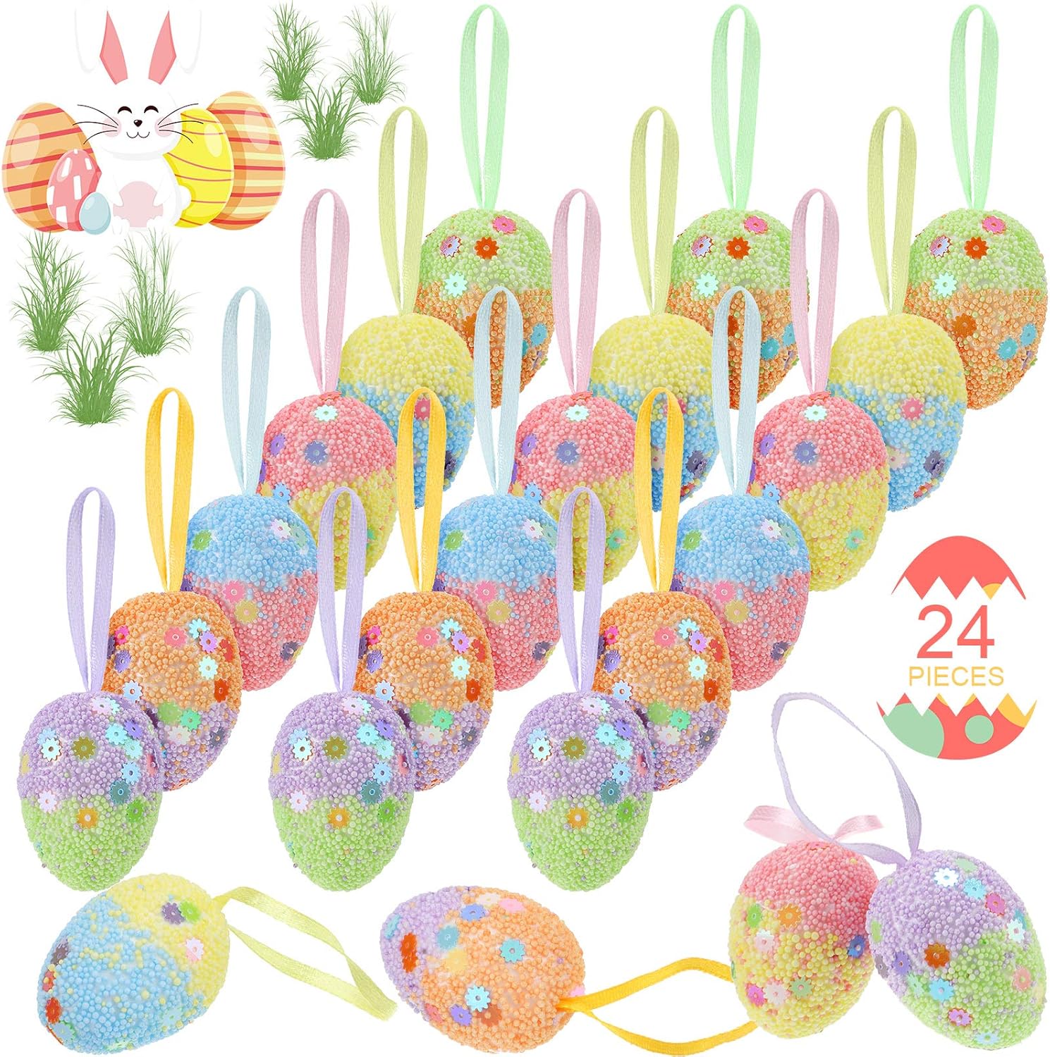 Skylety 24 Pieces Colorful Foam Easter Hanging Egg Ornaments Painted Hanging Easter Decorations