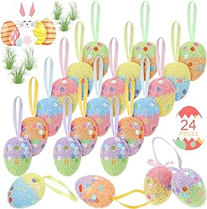 Skylety 24 Pieces Colorful Foam Easter Hanging Egg Ornaments Painted Hanging Easter Decorations