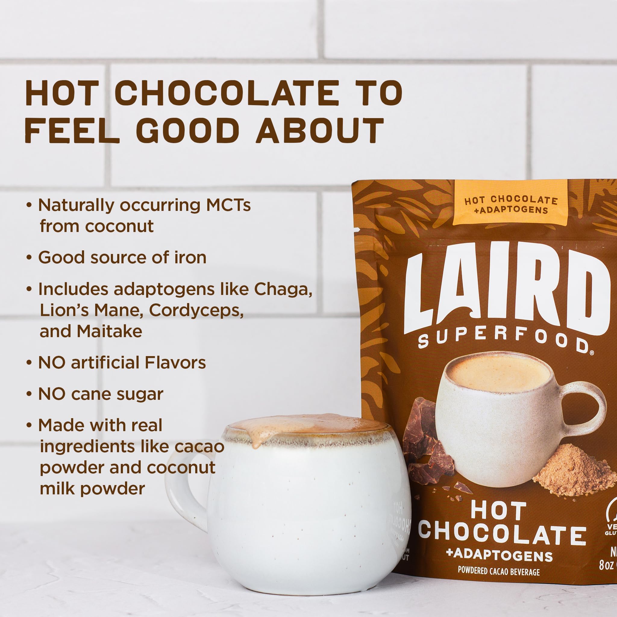 Laird Superfood Functional Mushrooms Hot Chocolate, Organic Cacao Powder Blended with Nourishing Mushrooms, 8 oz. Bag, Pack of 1
