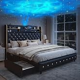 Torana Queen LED Bed Frame with Storage Headboard, 2 Drawers, PU Black | 52" Tall Platform Beds with Galaxy Aurora Star Projector and Charging Station, Crystal Tufted Upholstered Wingback Bedframe