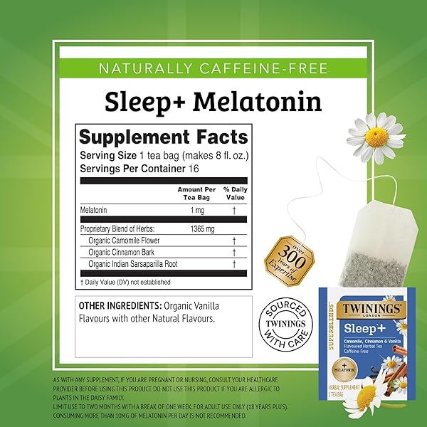 TWININGS SUPERBLENDS SLEEP+ HERBAL TEA WITH 1MG MELATONIN, CAMOMILE, CINNAMON & VANILLA, NATURALLY CAFFEINE-FREE, 16 COUNT (PACK OF 6), 96 TEABAGS