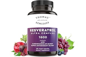 Thomas' all-natural Remedies Resveratrol 1600mg Organic Trans-Resveratrol Antioxidant Supplement with Organic Grape Seed Extract and Quercetin- Anti-Aging and Cardiovascular Support- 120 Capsules