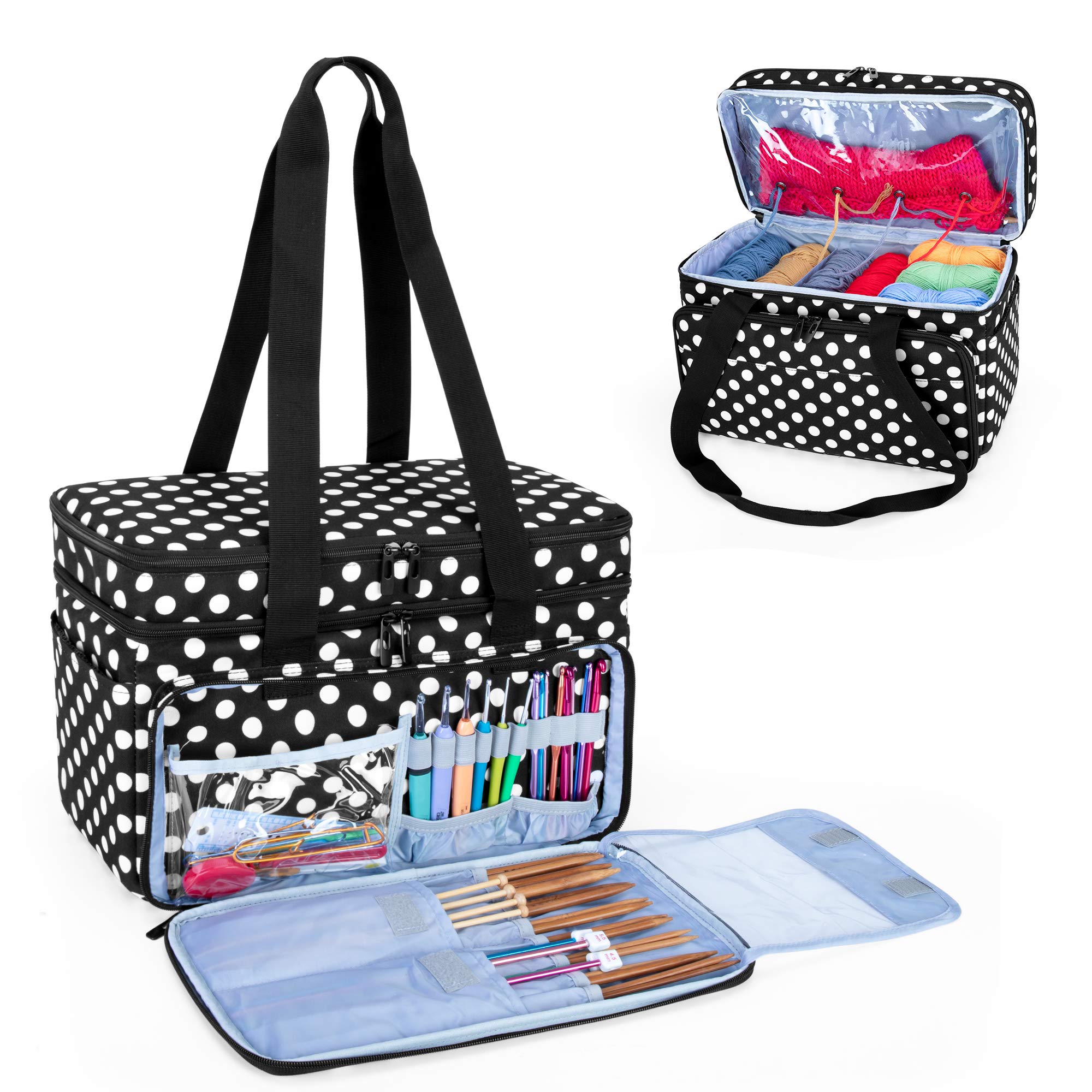 CURMIO Double-Layer Knitting Tote Bag, Yarn Storage Bag with Compartments for Crochet Hooks, Knitting Needles(Up to 14”/35.5cm), Knitting WIP or Accessories, Round Dots(Bag Only)