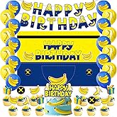 Yellow Cartoon Birthday Party Supplies, Yellow Jeans Cartoon Theme Party Decorations Including Birthday Banner, Backdrop, Balloons, Cupcake Toppers