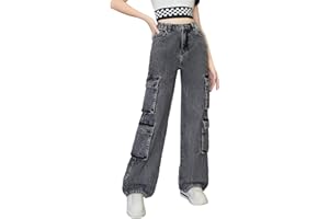 SweatyRocks Girl's Casual Elastic Waist Zip Up Denim Pants Straight Leg Cargo Jeans with Pocket