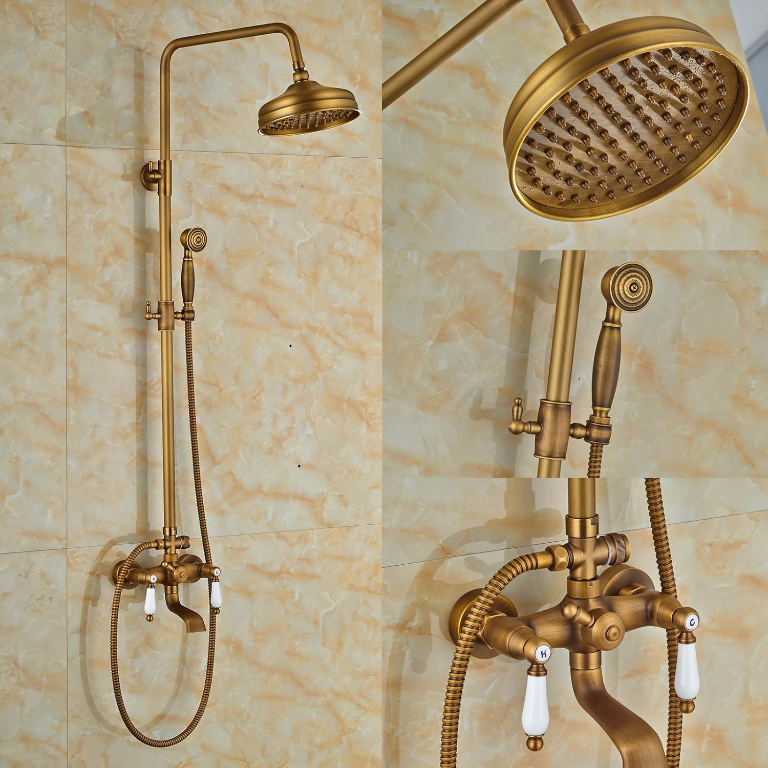 Rozinsanitary Antique Brass Shower Mixer Tap Units Wall Mount Bathtub Faucet With Shower Heads