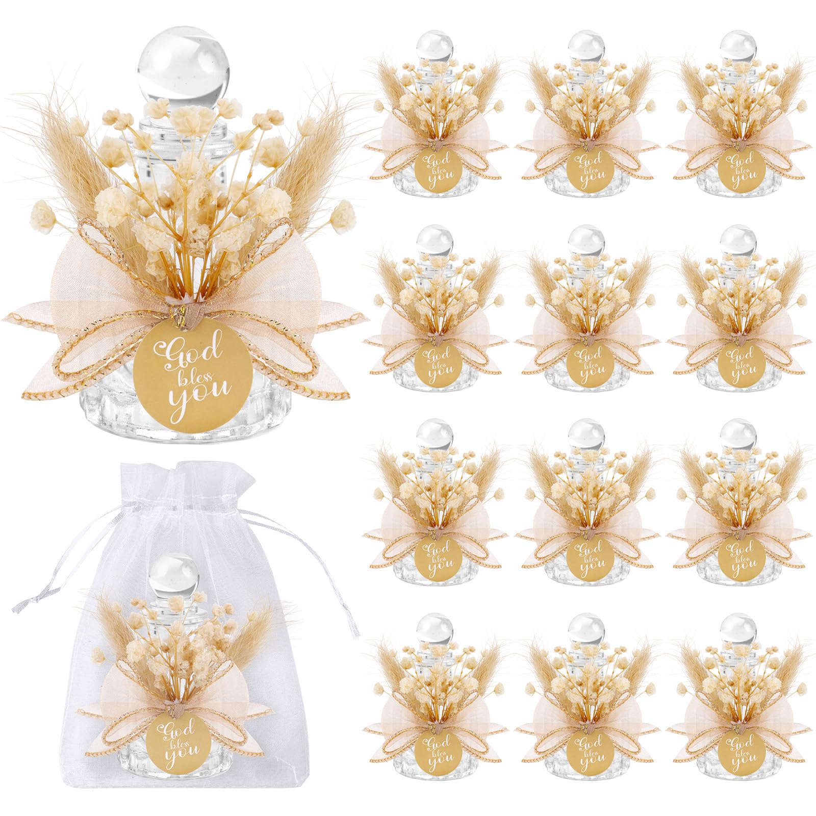 Photo 1 of 12 Set Holy Water Bottles Catholic Bulk Glass Baptism Favors for Guests Christian Water Container with Floral Organza Bags Bow for Holy Communion Gifts Church Wedding Baptism Decor (Boho, 12)