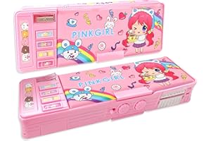 Pop Up Multifunction Pencil Case for Girls, Cute Cartoon Pen Box Organizer Stationery with Password Lock, Sharpener, Schedule