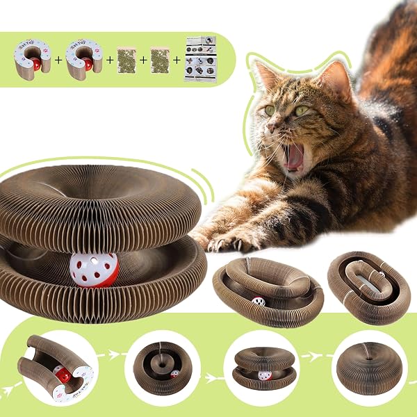 BFBAWM KITTY CURLS CAT TOYS,MAGIC ORGAN CAT SCRATCHING BOARD FOR INDOOR CATS, FOLDABLE ACCORDION HONEYCOMB SCRATCHER WITH BALL, INTERACTIVE TWISTY PAWS (2PCS)