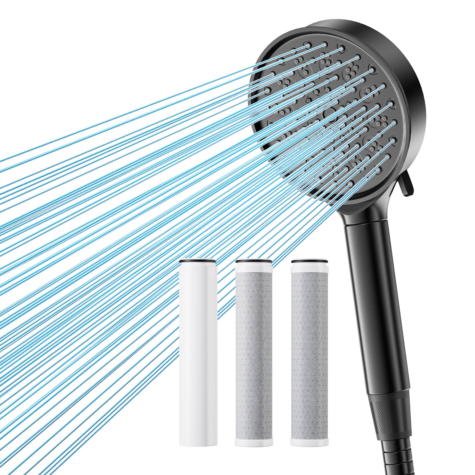 Hard Water Filter Shower Head and Hose, Shower Head with 1 Pack 20 Stage Shower Filter and 2 Pack Replacement 2.0 Carbon Shower Filter, Water Softener Showerhead for 99% of Chlorine Remove (Black)