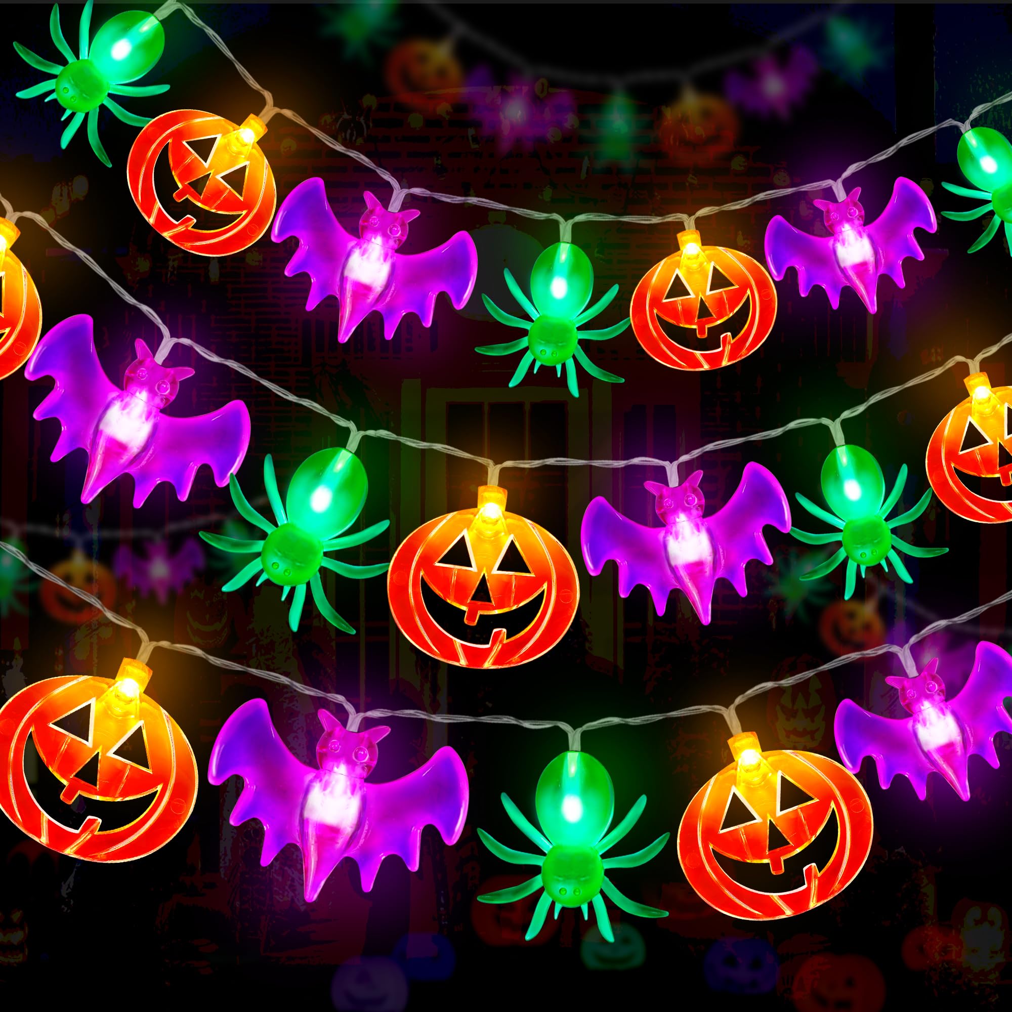 Photo 1 of 2 Pack Halloween Lights Outdoor Indoor Decorations Total 40FT 60 LED Pumpkin Bat Spider Halloween String Lights Battery Operated, 8 Modes Waterproof Cute Fairy Lights for Home Office Outside Decor