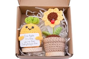 CoFuBcad 2PCS Mini Funny Positive Potato Gifts, Handmade Emotional Support Knitted Potatoes with Front Card and Wooden Base Sunflower Pot Office Decoration