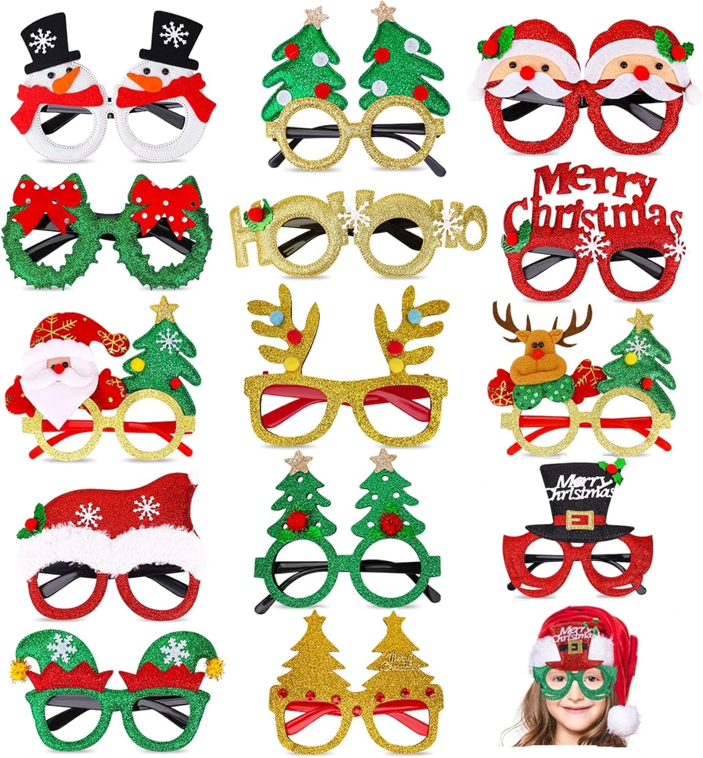 KAHEIGN 14 Styles Christmas Party Glasses Frames, 14CM Christmas Decoration Eyeglasses Xmas Costume Glasses Frame for Xmas Party Holiday Favors