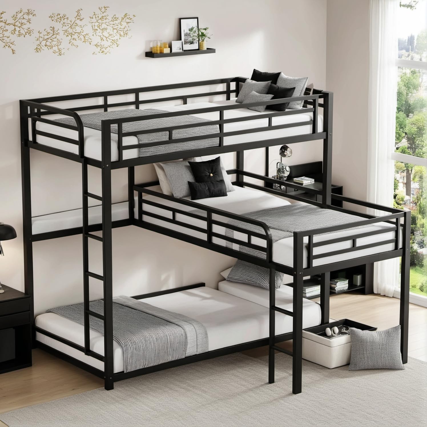 Photo 1 of ***MISSING PARTS***
PVWIIK Triple Bunk Bed with Built-in Ladder and Full-Length Guardrails for 3 Kids,Metal L-Shaped Bunk Bed,Space Saving Design, No Box Spring Needed, Black