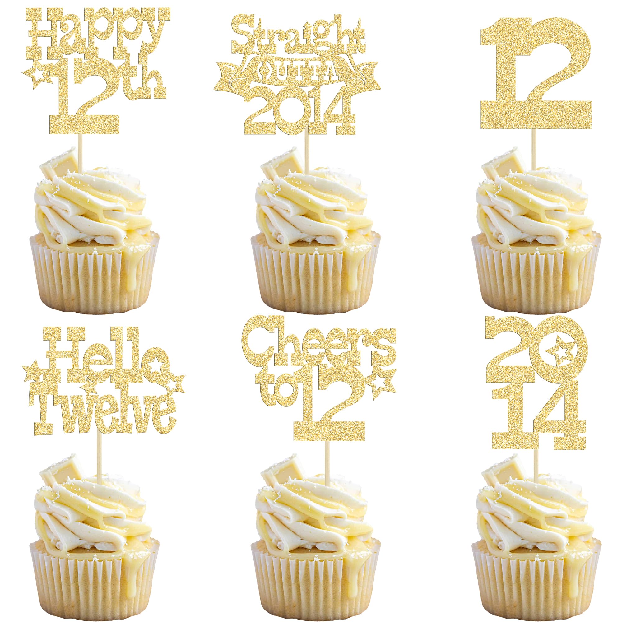 Ephlyn 30Pcs Happy 12th Birthday Cupcake Toppers Glitter Twelve Straight Outta 2014 Cupcake Picks Cheers to 12 Years Cake Decorations for 12th Birthday Party Supplies Gold