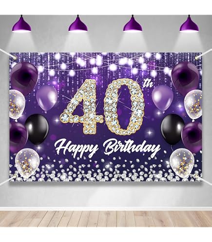 "Happy 40th & Fabulous" Birthday Banner Backdrop - 6x4ft Purple Party Decor For Women, Includes Hanging Ribbon