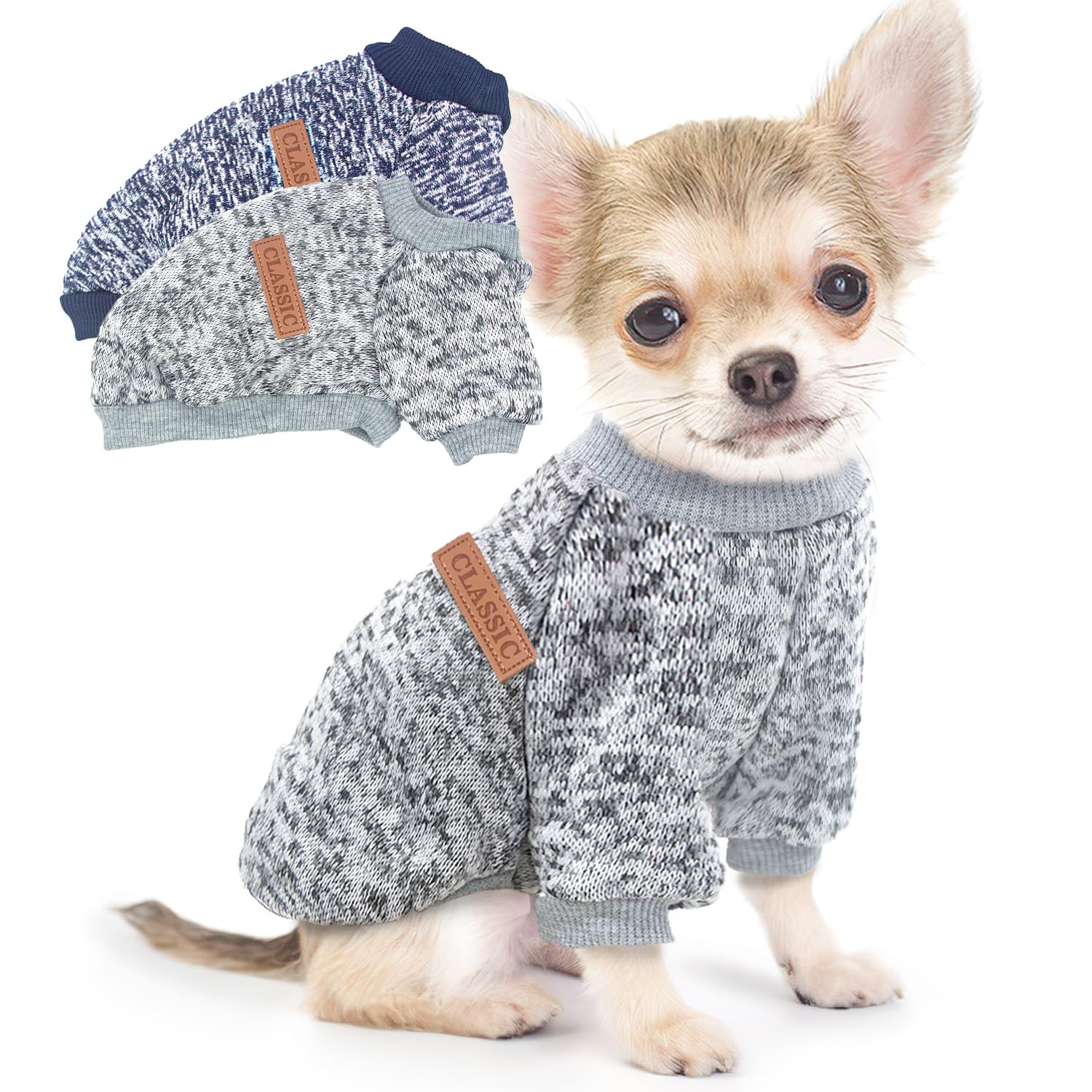 Photo 1 of 2 Pieces Dog Sweaters for Small Dogs Fall Dog Clothes Male Winter Fleece Pet Sweaters Warm Thick Puppy Outfit Small Dog Sweater for Boy Girl Dogs Teacup Dog, Yorkie, Chihuahua, Pug, XXS,Grey Navy