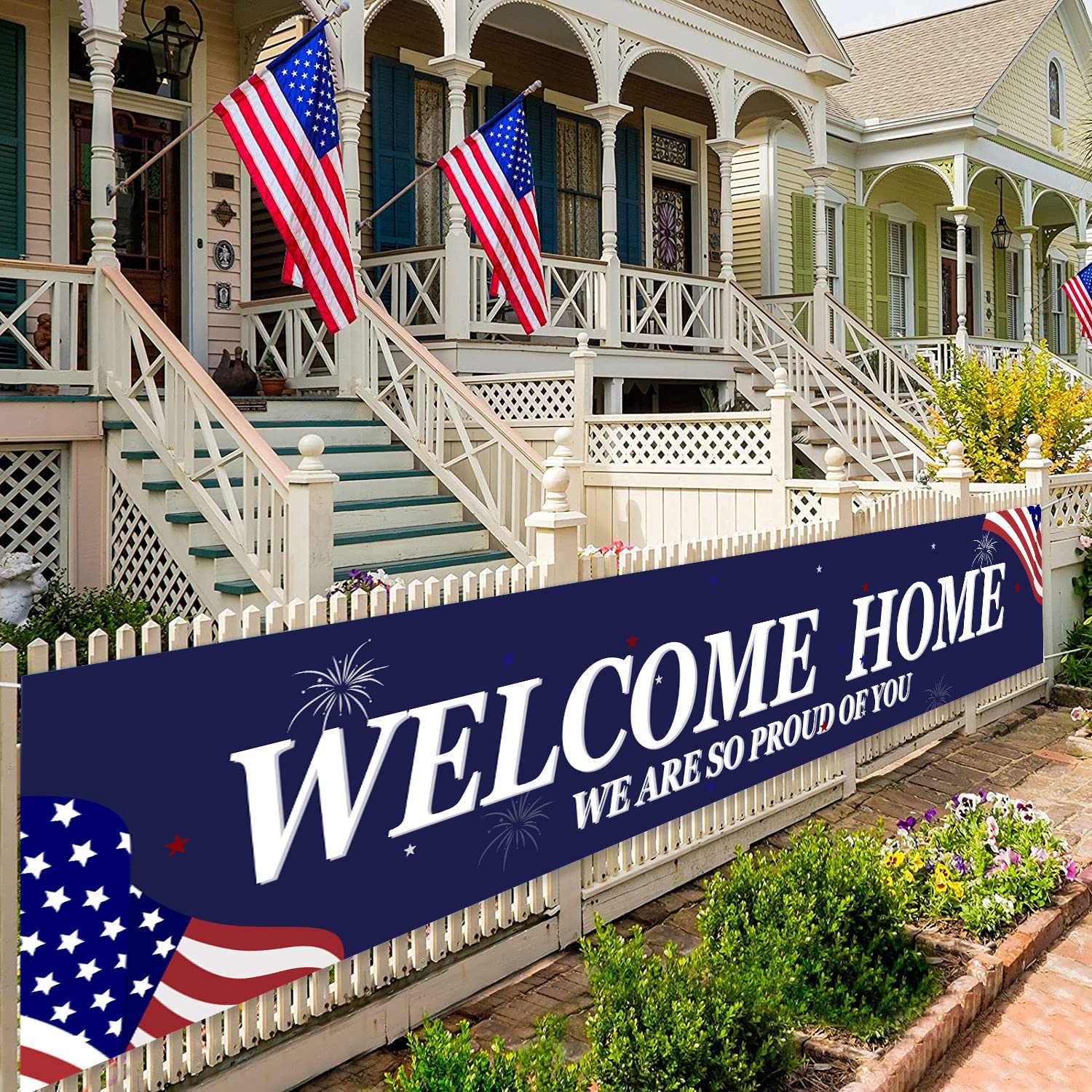 Photo 1 of Welcome Home Banner White and Blue Homecoming Backdrop - We Are So Proud of You - for Returning and Military Army Homecoming Party Supplies and Decor 71" x 15.7"
