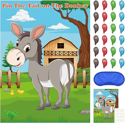 FEPITO Pin the Tail on the Donkey Party Game 24 Tails Kids Birthday Decor