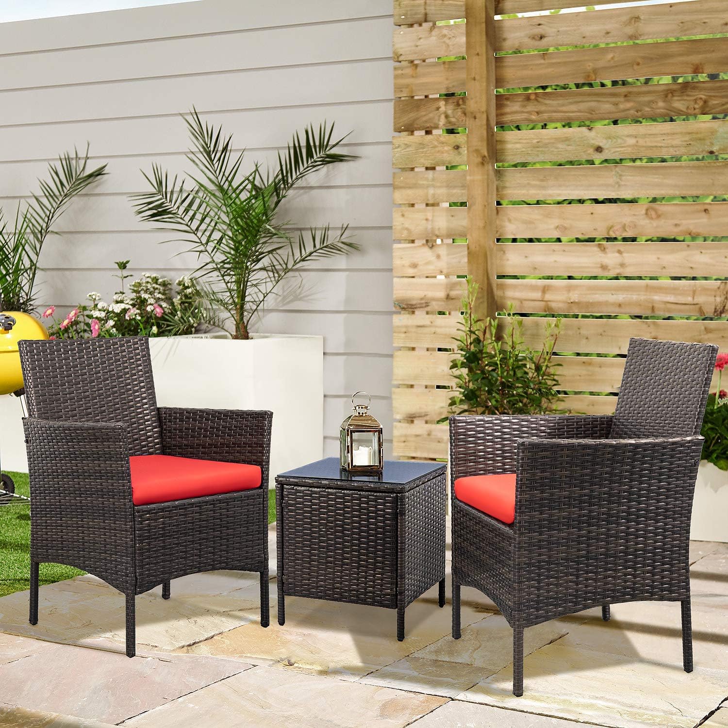 Devoko Patio Porch Furniture Sets 3 Pieces PE Rattan Wicker Chairs with Table Outdoor Garden Furniture Sets (Brown/Red): Garden & Outdoor
