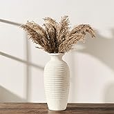 Vaseking Ceramic Natural Rustic Vase, 14.4 Inch Large Vintage Flower Threaded Decorative Farmhouse Tall Vase for Home Decor, Living Room, Shelf Decor, Wedding, Housewarming Gift, Off-White