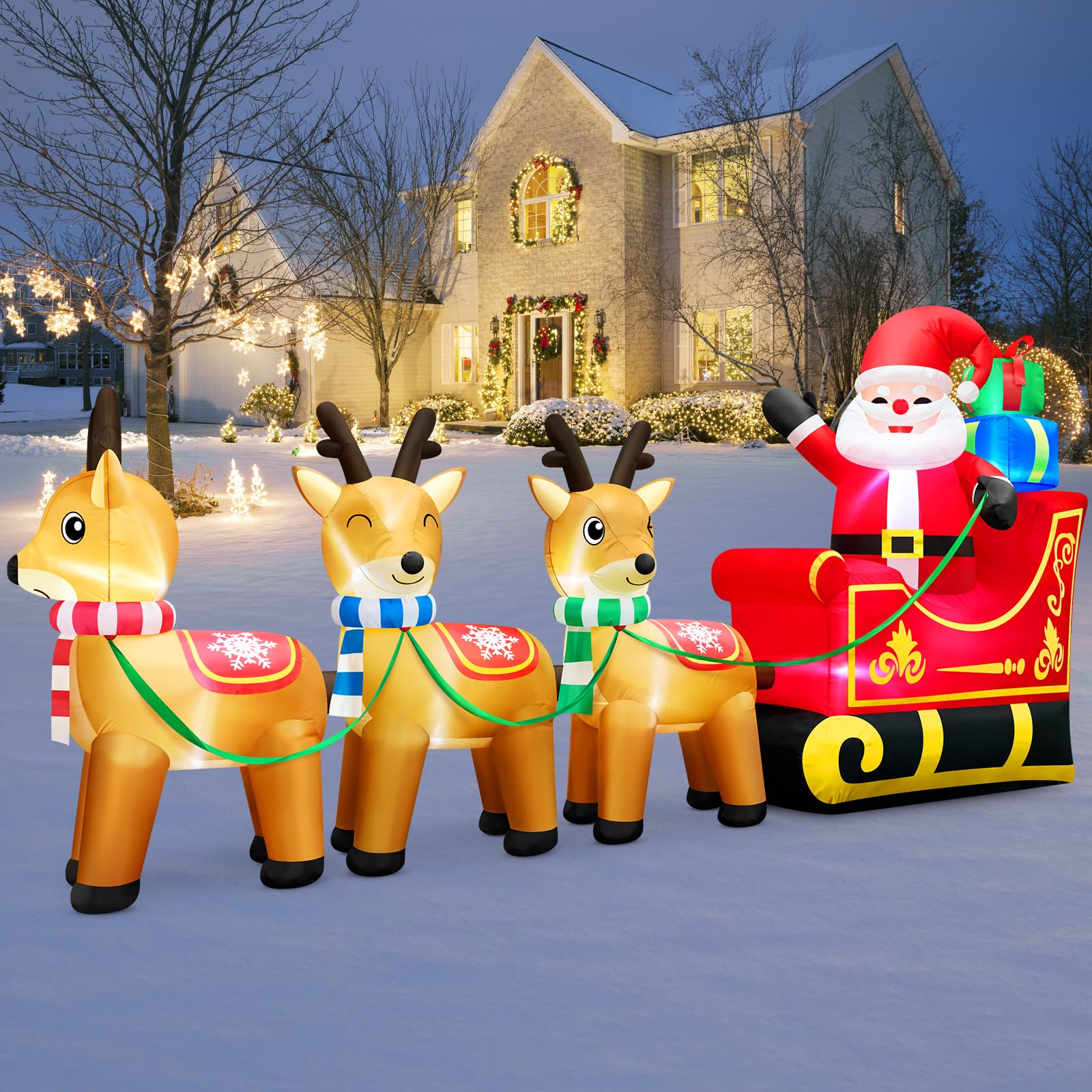 Photo 1 of 12 Foot Long Christmas Inflatables Santa Claus & Reindeer Sleigh Outdoor Decorations, Built-in LEDs Giant Funny Sled Merry Xmas Blow Up Yard Decoration Winter Inflatable Vacation Lawn Outside Blowups