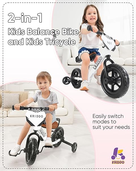 KRIDDO 2-IN-1 KIDS TRICYCLE AND TODDLER BALANCE BIKE 2 YEAR OLD, DETACHABLE PEDALS AND STOWABLE TRAINING WHEELS, DIY PLATE, RIDING TRIKES TOY FOR AGES 18 MONTHS TO 3 YEARS, WHITE