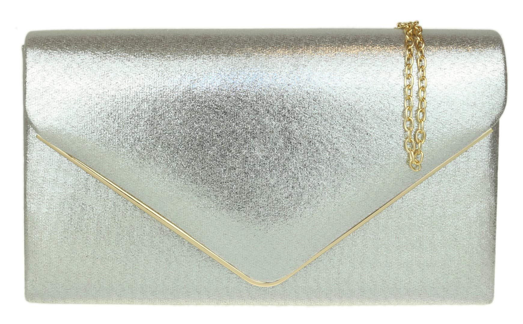 Girly Handbags Womens Faux Suede Clutch Bag Envelope Metallic Frame Handbag Silver