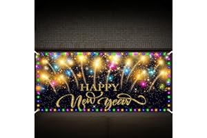 Tatuo Happy New Year Garage Door Cover with Light 7 x 16 Ft 2026 New Year Garage Door Decoration 2026 Eve Black and Gold Fireworks Banner Backdrop for Home Outdoor Decor Supplies