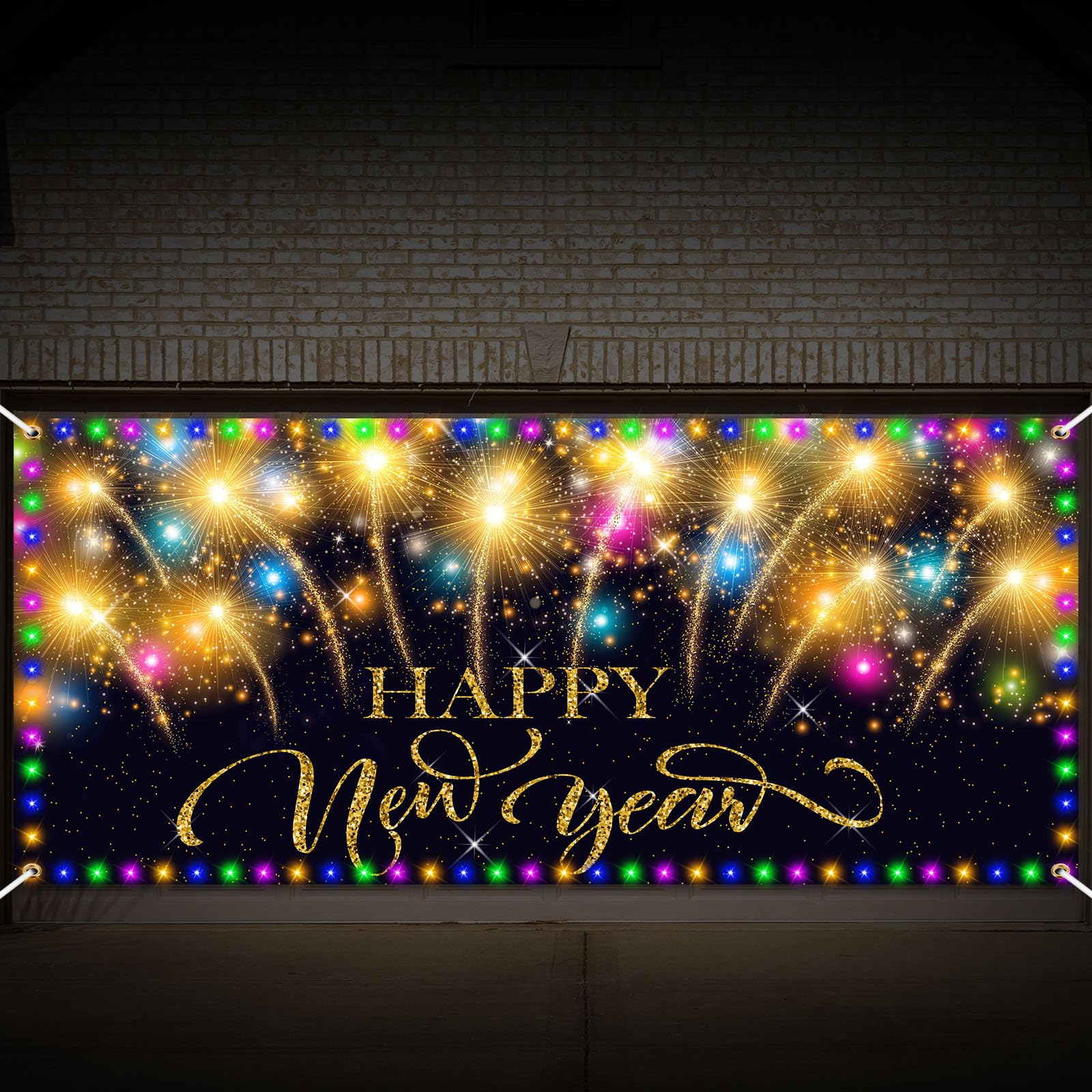 Photo 1 of Tatuo Happy New Year Garage Door Cover with Light 7 x 16 Ft 2026 New Year Garage Door Decoration 2026 Eve Black and Gold Fireworks Banner Backdrop for Home Outdoor Decor Supplies