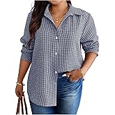 SweatyRocks Women's Plus Size Button Down Shirt Long Sleeve Gingham Plaid Work Collared Blouse Top