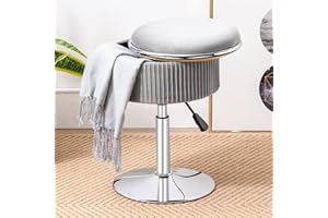 DURFII Round Storage Vanity Stool, 360°Swivel Height Adjustable Stool Chair, Grey Vanity Stool Chair for Makeup Room, Velvet Stool for Vanity With Storage, Vanity Ottoman Chair for Bathroom Living Room