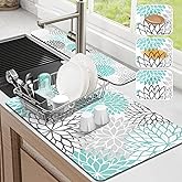 Findosom 2PCS 12" x 20" Dish Drying Mat & 24" x 5.5" Sink Splash Guard, Super Absorbent & Cuttable Dish Mat Drying Kitchen Mat with Teal Floral, Hide Stain Drying Mat for Kitchen Counter