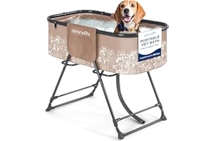 SereneLife Foldable Dog Bath Tub with Adjustable Height, 360° Access, Drain Hose & Storage Pockets – 130 lb Capacity Grooming Station for Indoor/Outdoor Use, Beige