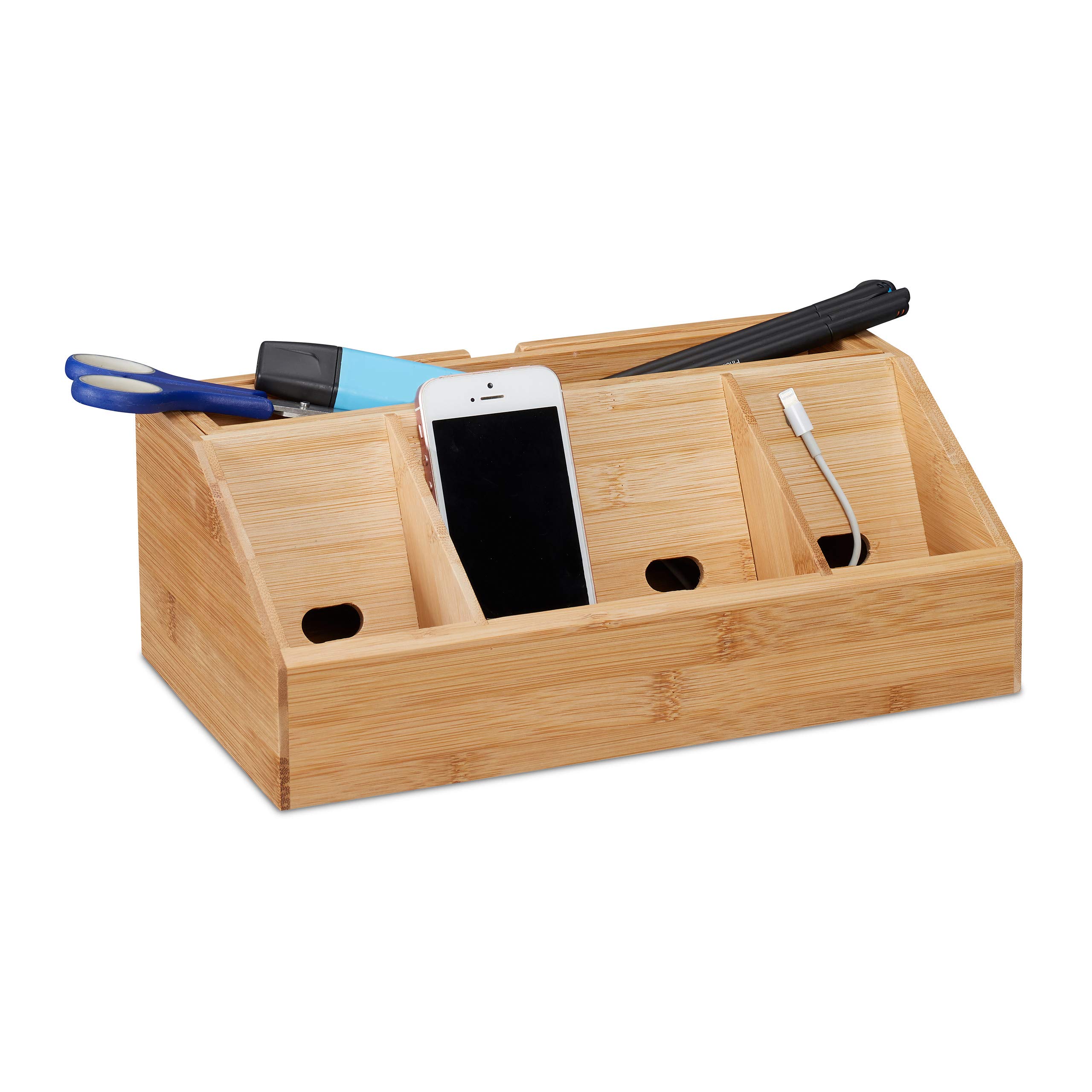 Relaxdays Bamboo Desk Organiser Size: approx 11 x 30 x 17.5 cm Including Cell Mobile Phone Holder Charging Station Docking Station Storage Box for your Desk or Office w/ 5 Compartments, Natural Brown