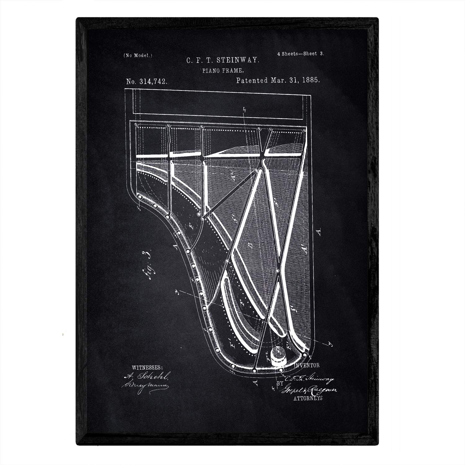 Nacnic Poster patent Piano 2. Foil with old design patent in A3 size with black background