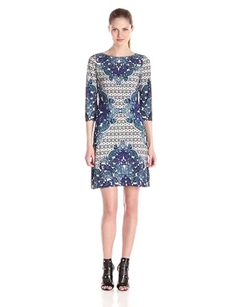 London Times Women’s 3/4 Sleeve Matte Jersey Printed Shift Dress London Times Women’s 3/4 Sleeve Matte Jersey Printed Shift Dress