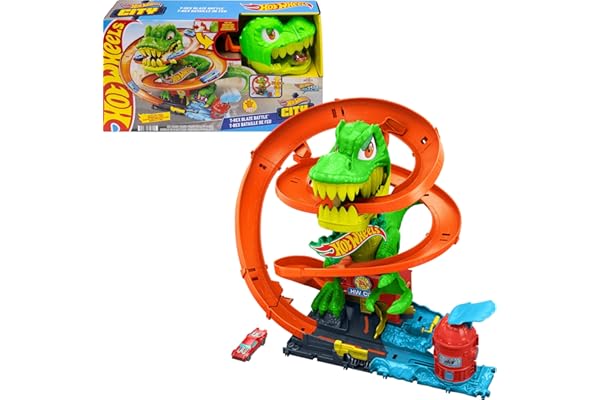 Hot Wheels Toy Car Track Set, City T-Rex Blaze Battle Playset & 1:64 Scale Die-Cast Vehicle, 18” Tall, Multiple Race Outcomes