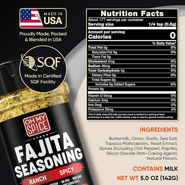 FAJITA SEASONING MIX SPICY RANCH SEASONING POWDER – GLUTEN FREE & LOW SODIUM MEXICAN SEASONINGS BLEND FOR MEAT, VEGETABLES, STEAK & CHICKEN FAJITA. HOT RANCH FAJITAS SEASONINGS SPICES. TACO MIX. 5OZ