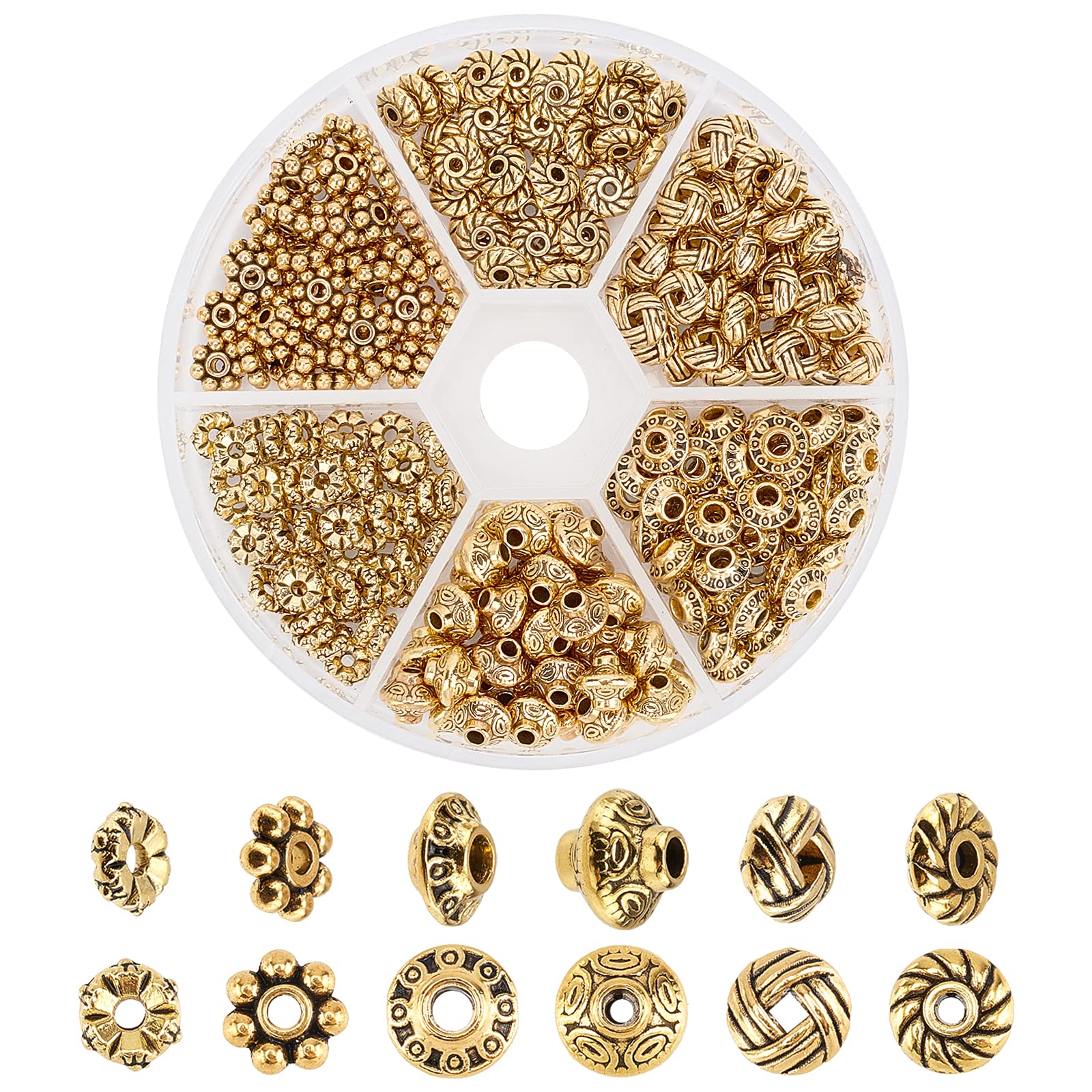 PH PandaHall 300pcs Tibetan Style Spacer Beads, 6 Styles Metal Craft Beads Hair Beads Vintage Loose Bead for DIY Craft Braid Hair Bracelet Necklace Jewellery Making, Antique Golden Hole 1-2mm