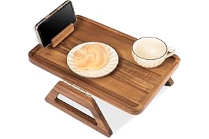 VICTORY RELAX Acacia Wood Arm Table (15.35" D x 9.8" W x 5.7" H), Couch Arm Tray for TV Dinners, Remote, Foldable Armrest Organizer, Rectangular Sofa Armrest Tray - Natural