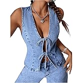 Milumia Women's Tie Bow Front Deep V Neck Denim Vest Sleeveless Jean Jacket