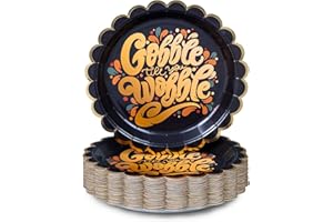 Confettiville Thanksgiving Paper Plates, 50-Count Disposable Thanksgiving Dinner Plates, Scalloped, Party Supplies, Gobble Til' You Wobble