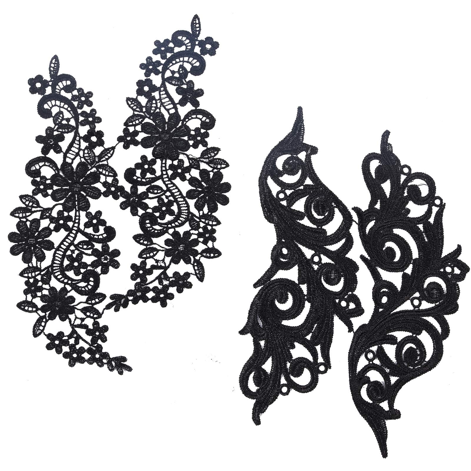GORGECRAFT 2 Pairs Lace Applique Flower Embroidery Patch Black Lace Trims Collars for DIY Decorated Craft Sewing Costume(9.84x5.70, 11.41x5.11)