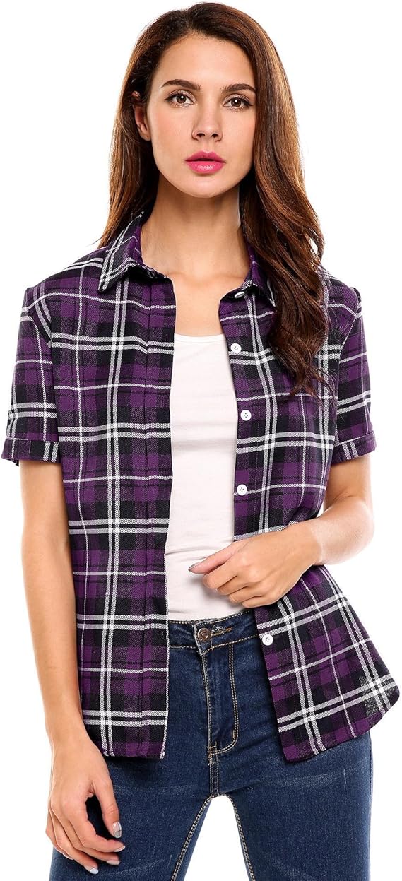 SUNAELIA Womens Plaid Flannel Shirt Short Sleeve Boyfriend Button Down Cotton Casual