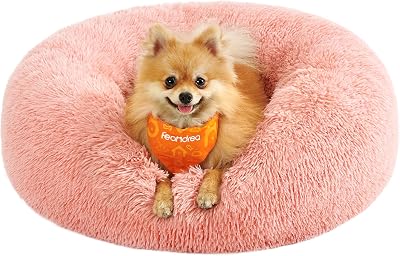 Feandrea Donut Cat Dog Bed 60 cm Pink Fluffy Long Plush Washable Cover
