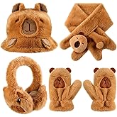 Newcotte 4 Pcs Winter Capybara Hat Earmuffs Scarf and Gloves Set Plush Capybara Winter Warm Set Comfort Cartoon Animal Costume for Women Girls Teens Gift Christmas
